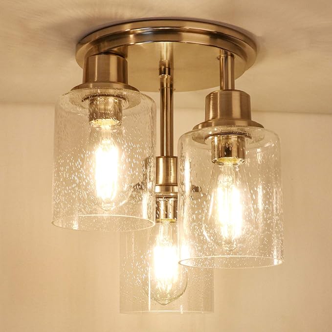 Semi Flush Mount Ceiling Light, 3-Light Close to Ceiling Light Fixtures, Brushed Nickel Finish Kitchen Light Fixture with Clear Seeded Glass Shade Patriot Lighting for Stairs Porch Hallway Entryway