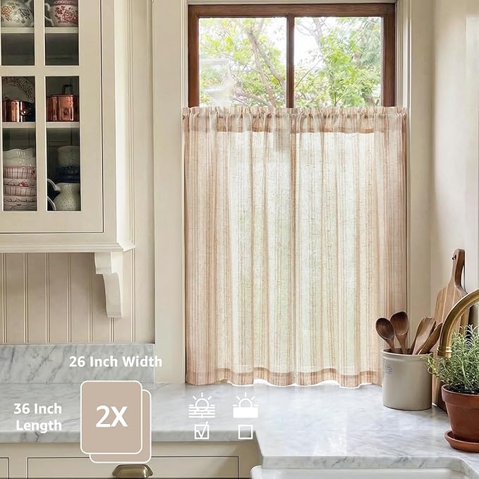 jinchan Linen Kitchen Curtains Striped Tier Curtains 36 Inch Farmhouse Small Drapes Balanced Stripe Half Window Light Filtering for Bathroom Laundry 2 Panels Tan on Linen