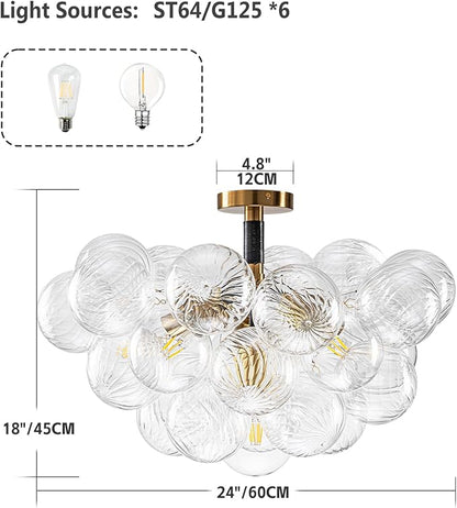 Bubble Ball Semi Flush Mount Ceiling Light Fixture, 24" Bubble Chandelier, Modern Hand Blown Glass Chandelier for Bedroom, Living Room, Dining Room (24” Black Ceiling Light)