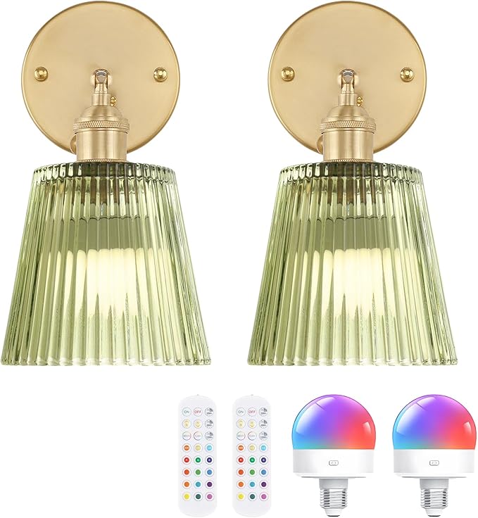 Shenmoyl Vintage Battery Operated Wall Sconce with Green Stripe Glass Lampshade Rechargeable Battery Powered Wall Light with Remote Control for Bedside Bedroom Doorway, Set of 2