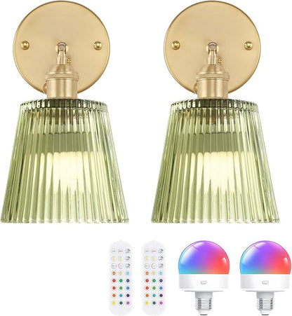 Shenmoyl Vintage Battery Operated Wall Sconce with Green Stripe Glass Lampshade Rechargeable Battery Powered Wall Light with Remote Control for Bedside Bedroom Doorway, Set of 2
