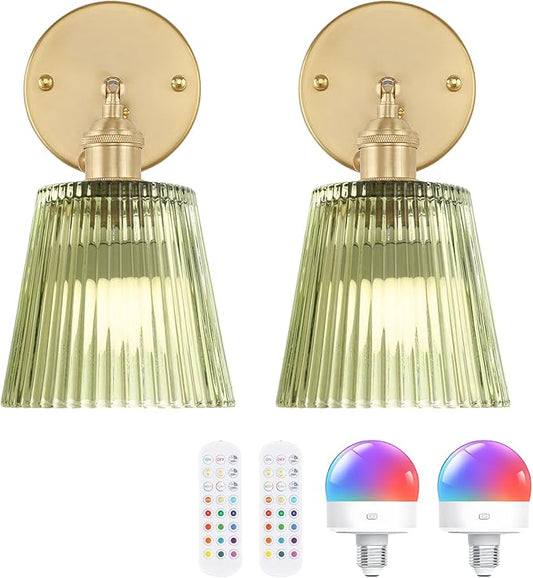 Shenmoyl Vintage Battery Operated Wall Sconce with Green Stripe Glass Lampshade Rechargeable Battery Powered Wall Light with Remote Control for Bedside Bedroom Doorway, Set of 2