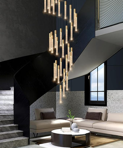 HAIXIANG 20 Foot 48-Light Gold High LED Dimmable Chandeliers Ceiling Pendant Light Fixtures Remote Control Light Fixtures Crystal Raindrop Fixtures Living Room Staircase Entrances