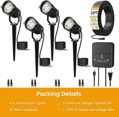Landscape Lighting Kit, Low Voltage Landscape Lights with Dusk to Dawn Transformer 33FT Wire, Waterproof Outdoor Landscape Lights 3000K 12-24V, Outdoor Spotlight for Yard House 4Pack