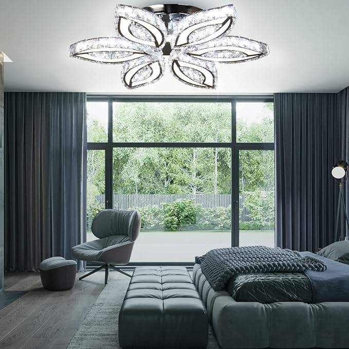 CLAIRDAI 20" Modern Crystal Chandelier, Flower Led Chandelier with K9 Crystal Acrylic, Cool White 6500K, 20" x 20" x 3.1" for Living Room