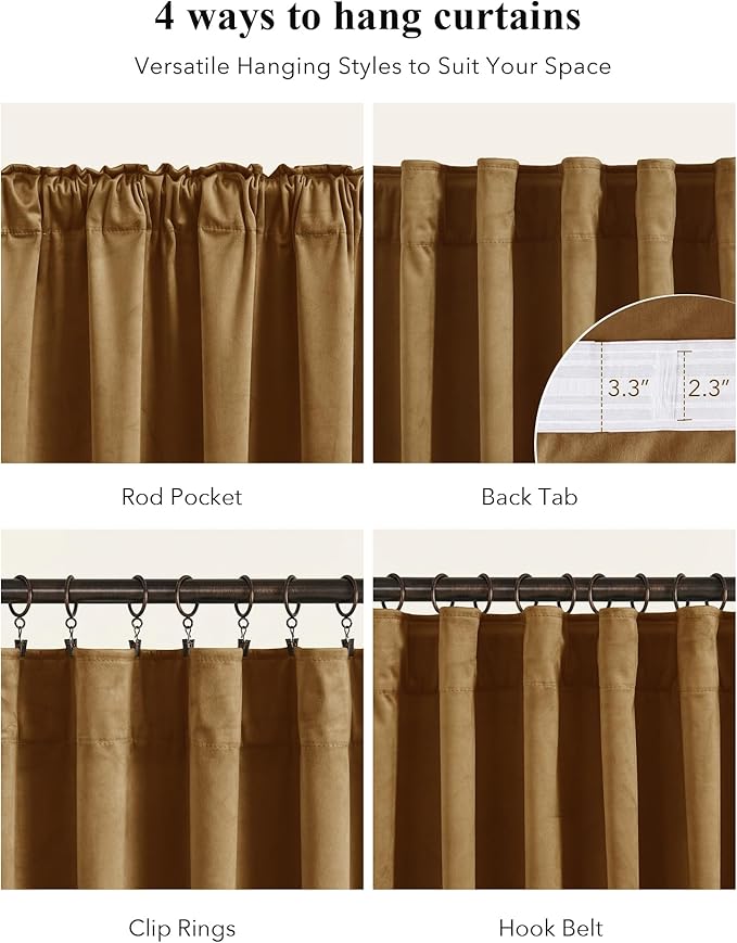 StangH Velvet Curtains 144 inches Long Luxury Gold Brown Blackout Thermal Insulated Tall Window Drapes Privacy Heavy Home Decor for Living Room/Hall, W52 x L144, 2 Panels