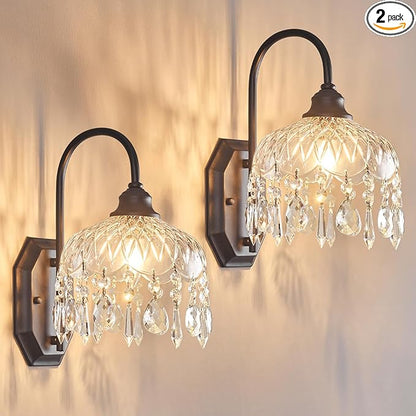 2-Pack Vintage Wall Sconce,Glass Crystal Wall Sconce,Matte Brushed Antique Black Finish Set of Two for Bedroom Bathroom Hallway Living Room Decor
