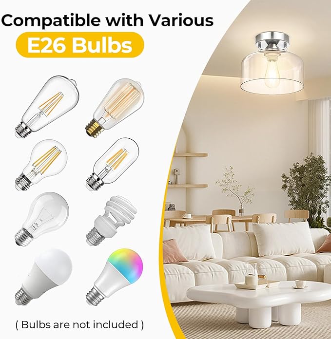 LACCEN Semi Flush Mount Ceiling Light Silver, Clear Glass Pendant Lamp Shade, Modern Farmhouse Light Fixture for Hallway Corridor Kitchen Entryway Bedroom, Bulb Not Included