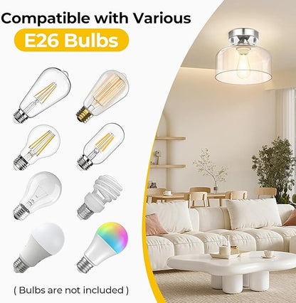 LACCEN Semi Flush Mount Ceiling Light Silver, Clear Glass Pendant Lamp Shade, Modern Farmhouse Light Fixture for Hallway Corridor Kitchen Entryway Bedroom, Bulb Not Included