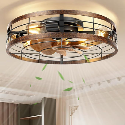 VOLISUN Farmhouse Caged Ceiling Fans with Lights Flush Mount, 23.6'' Rustic Low Profile Ceiling Fan with Light and Remote, Bladeless Fandelier Ceiling Fans with Lights for Kitchen, Bedroom-Gold