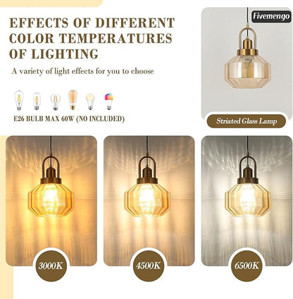 9in Mid Century Modern Amber Glass Pendant Light Fixture Small Gold Globe Kitchen Island Pendant Light with Hand Blown Glass Ceiling Hanging Lamp for Foyer Dining Room Bedroom Entryway