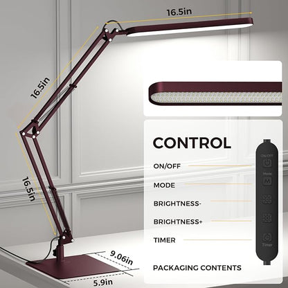 SKYLEO LED Desk Lamp with Slim Base - Adjustable Swing Arm Desk Light, Dimmable, Timer, Eye Protection, Memory Function, 1300LM, 12W, Red