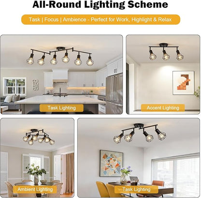 4-Light Track Lighting Fixtures Ceiling, Adjustable Black Track Light Fixture with Metal Wire Cage Farmhouse Chandelier for Dining Room,Kitchen, Bedroom, Hallway, E26 Base(Bulbs Not Included)