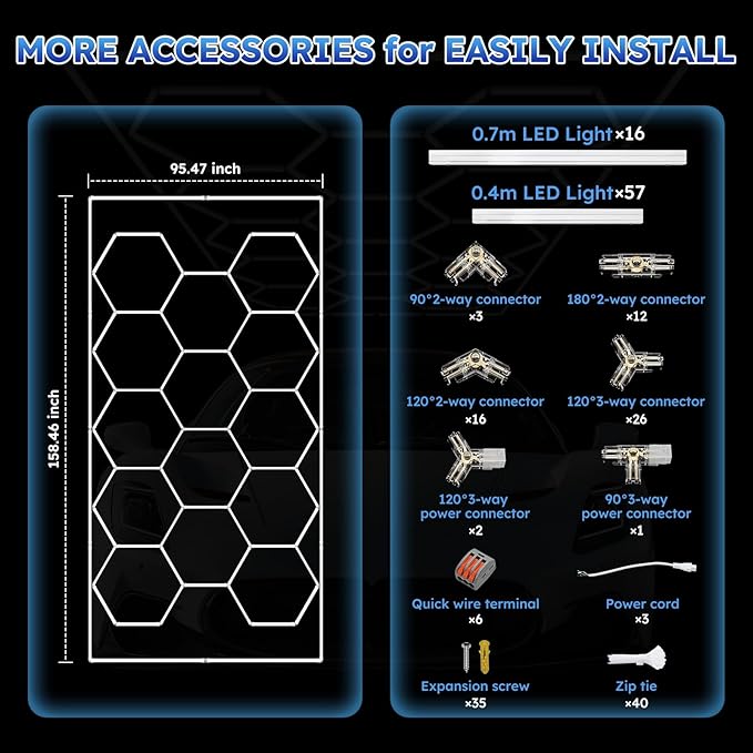 ALLYES Hexagon Garage Lights, LED Honeycomb Garage Lights, 538W 64560LM 6500K, 14 Grid Hexagon Light Set with Rectangle Frame for Workshop Showroom Detail Shop Gym
