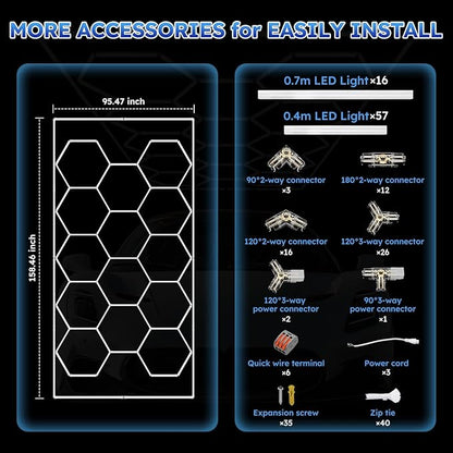 ALLYES Hexagon Garage Lights, LED Honeycomb Garage Lights, 538W 64560LM 6500K, 14 Grid Hexagon Light Set with Rectangle Frame for Workshop Showroom Detail Shop Gym