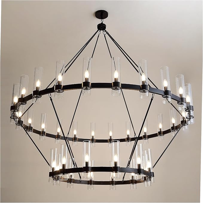 70 Inch Black Wagon Wheel Chandelier 2 Tier with Glass Shade, 36 Lights, Modern Farmhouse Style, Ideal for Dining Room, Kitchen, Entryways