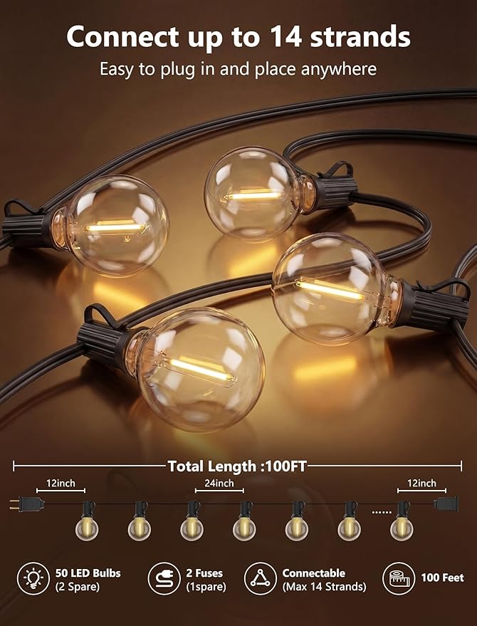 100FT G40 LED Outdoor String Lights, Patio Globe Lights with 52 Shatterproof LED Bulbs, Waterproof Dimmable Hanging Lights, Connectable Black Wire Bistro Lights for Backyard Porch Garden Party Café