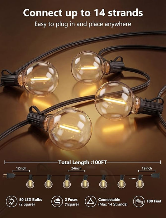 100FT G40 LED Outdoor String Lights, Patio Globe Lights with 52 Shatterproof LED Bulbs, Waterproof Dimmable Hanging Lights, Connectable Black Wire Bistro Lights for Backyard Porch Garden Party Café