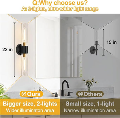 Wall Sconces Set of Two, Modern Bathroom Sconces Wall Lighting with & Clear Glass Glass, Black and Gold Sconces Wall Decor Set of 2 for Bathroom Mirror Bedroom Living Room Hallway