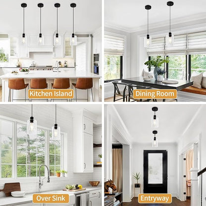 3 Pack Black Pendant Lights Kitchen Island, Modern Glass Pendant Lighting Over Island Kitchen Hanging Bathroom Ceiling Light Fixtures Adjustable Pendant Lights for Dining Room Hallway Bedroom