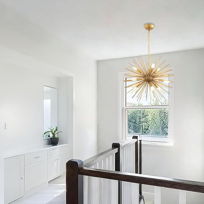 23.8" Modern Sputnik Chandelier 9-Lights Mid-Century Modern Starburst Golden Chandelier Luxury Gold Solid Metal Sputnik Satellite Chandeliers for Dining Room, Kitchen Island, Bedroom, E12