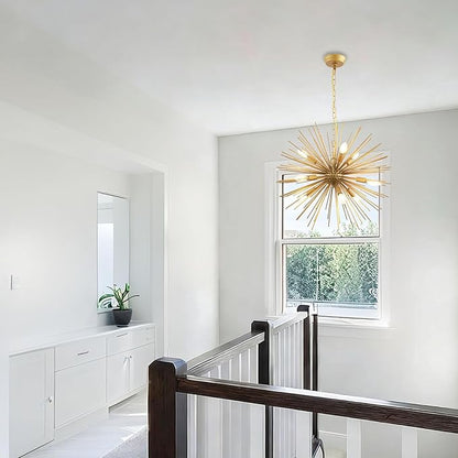 23.8" Modern Sputnik Chandelier 9-Lights Mid-Century Modern Starburst Golden Chandelier Luxury Gold Solid Metal Sputnik Satellite Chandeliers for Dining Room, Kitchen Island, Bedroom, E12