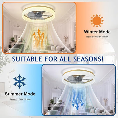 DLLT LED Ceiling Fan with Light: 16" Modern Low Profile Flush Mount Fandelier with App & Remote Control - Dimmable Gold Bladeless Fan Light Fixture for Bedroom Kids Room Living Room