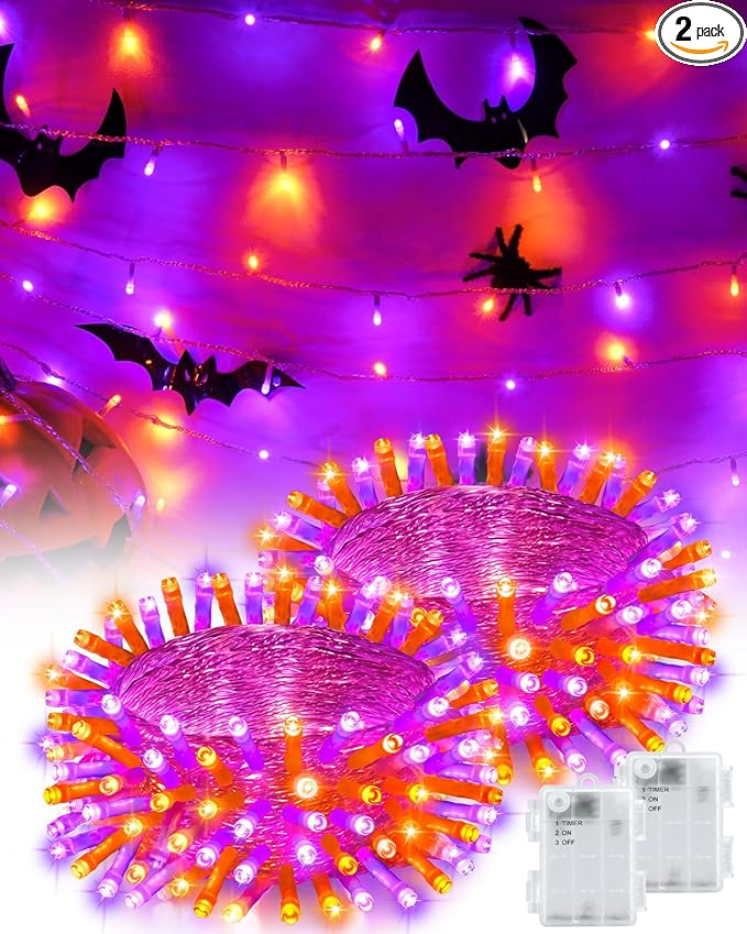 Halloween String Lights Battery Operated, Orange and Purple Fairy Lights with Timer Waterproof 16.4ft 50 LED Halloween Decorations for Outdoor Indoor Patio Party Garden Yard Decor 2 Packs