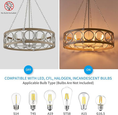 XINGQI 8-Light Modern Chandelier Large Round Drum Chandeliers for Dining Room 32.3" Rustic Pendant Brushed Nickel Light Fixture Over Table Farmhouse Metal Wood Grain Finish