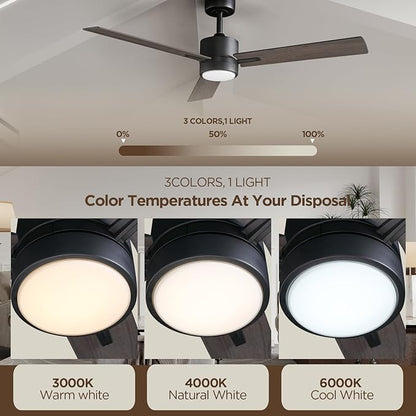Ceiling Fan with Light Remote: 52 Inch Modern Bedroom Fans with Dimmable Tri-Color Temperature LED - Quiet Reversible DC Motor - Indoor Outdoor