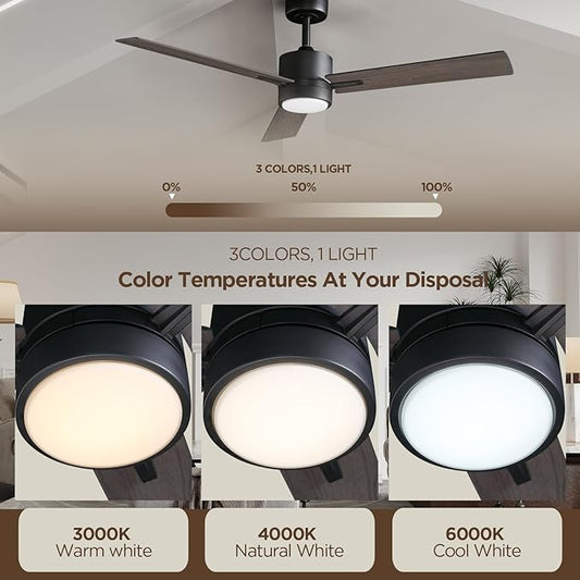 Ceiling Fan with Light Remote: 52 Inch Modern Bedroom Fans with Dimmable Tri-Color Temperature LED - Quiet Reversible DC Motor - Indoor Outdoor