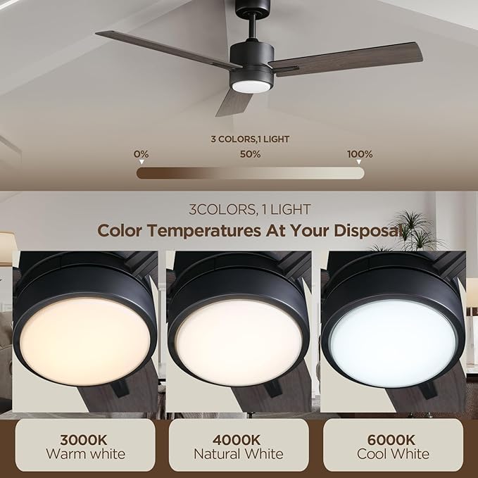 Ceiling Fan with Light Remote: 52 Inch Modern Bedroom Fans with Dimmable Tri-Color Temperature LED - Quiet Reversible DC Motor - Indoor Outdoor