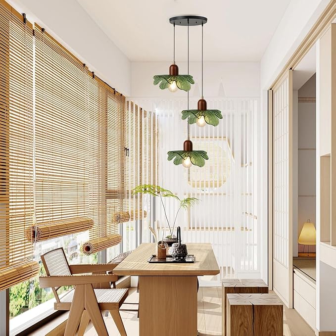 Mid Century Chandeliers 3-Light Green Glass Hanging Pendant Lamp Art Decoration Light Fixtures Walnut Wood Black Vintage Chandelier for Dining Room, Living Room, Bedroom
