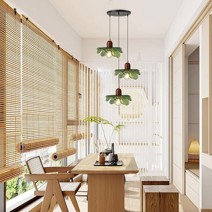 Mid Century Chandeliers 3-Light Green Glass Hanging Pendant Lamp Art Decoration Light Fixtures Walnut Wood Black Vintage Chandelier for Dining Room, Living Room, Bedroom