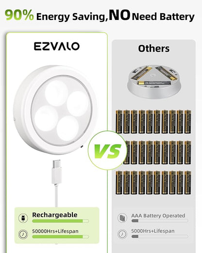 EZVALO LED Puck Lights, Rechargeable Stick On Tap Lights, Wireless Closet Light, 3 Color Temps, Under Cabinet Lights, 2.5'' Mini Touch Light, Ideal for Kitchen,Closet,Pantry,Shelves,Camper(6 Pack)