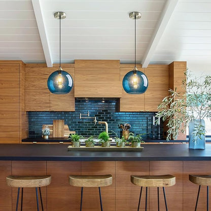 Blue Glass Pendant Lights Kitchen Island Lighting Globe Pendant Light Fixtures Modern Pendant Lighting for Kitchen Island Bedroom Living Dining Room Light Fixture(9.84in, 2-Pack)
