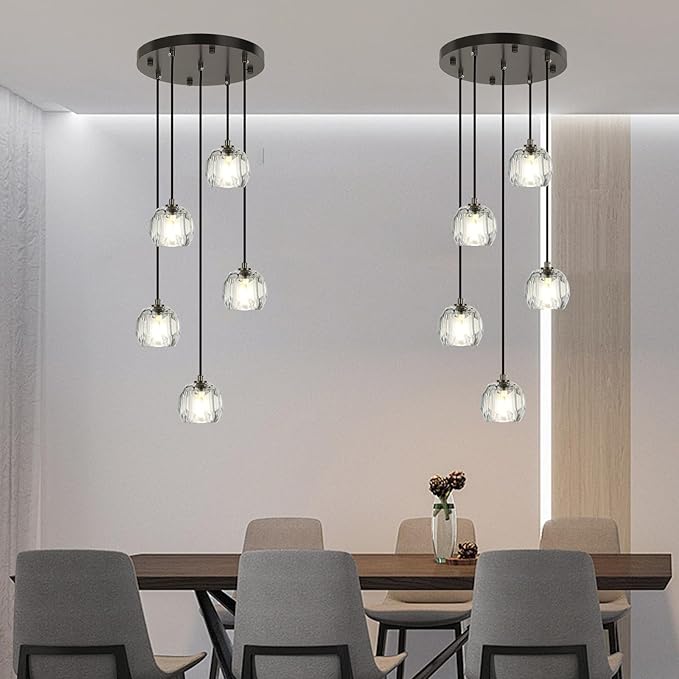 Modern Black Hanging Lights, Round LED Crystal Pendant Lights Fixtures, Raindrop Farmhouse Chandeliers for Dining Room Kitchen Island Living Room