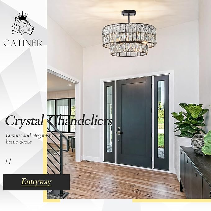 CATINER Black Crystal Chandelier 6-Lights Luxury Crystal Pendant Chandelier 20'' Drum Semi Flush Mount Ceiling Lights for Dining Room Foyer Living Room Bedroom Kitchen