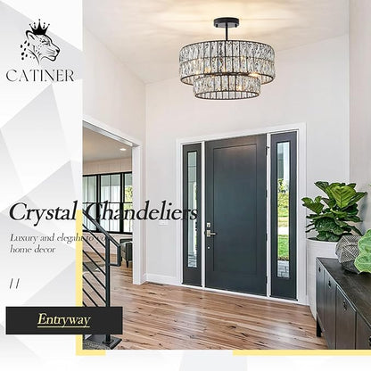 CATINER Black Crystal Chandelier 6-Lights Luxury Crystal Pendant Chandelier 20'' Drum Semi Flush Mount Ceiling Lights for Dining Room Foyer Living Room Bedroom Kitchen