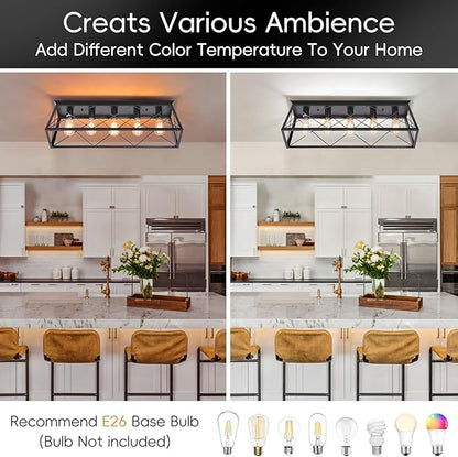 31.5" Black Flush Mount Ceiling Light Fixture, 5-Light Vintage Industrial Cage Chandelier for Dining Room, Kitchen Island, Living Room, Dimmable Large Semi Flush Mount Close to Ceiling Light