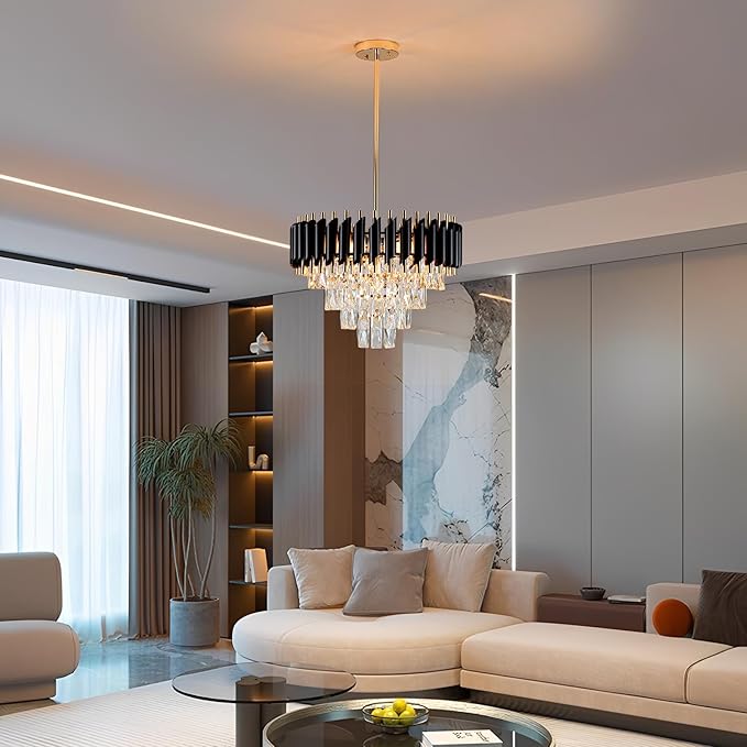 Modern Crystal Chandelier 5-Lights Black and Gold Chandelier for Dining Room Light Fixture 4-Tier Round Pendant Flush Mount Chandeliers Ceiling Lighting for Living Room Kitchen Bedroom Foyer