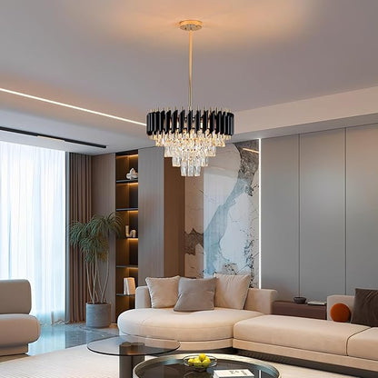 Modern Crystal Chandelier 5-Lights Black and Gold Chandelier for Dining Room Light Fixture 4-Tier Round Pendant Flush Mount Chandeliers Ceiling Lighting for Living Room Kitchen Bedroom Foyer