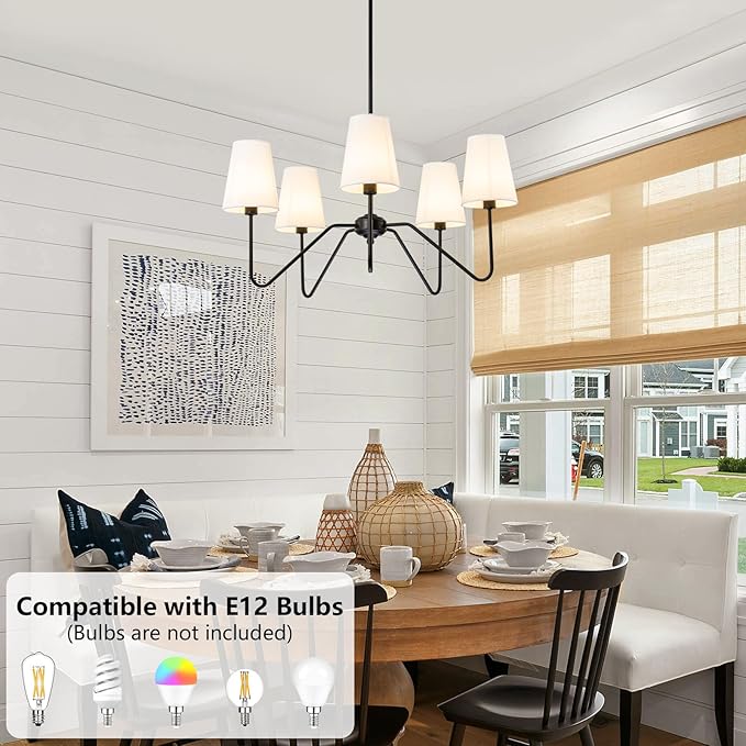 Modern Chandelier for Dining Room, 5-Light Farmhouse Pendat Light Fixture with White Fabric Shade,Black Hanging Light Fixture Over Table Ceiling Chandelier for Bedroom,Living Room,Hallway