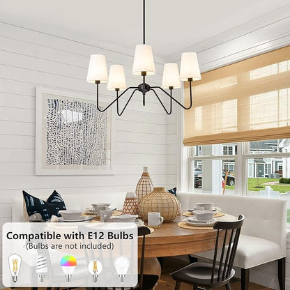 Modern Chandelier for Dining Room, 5-Light Farmhouse Pendat Light Fixture with White Fabric Shade,Black Hanging Light Fixture Over Table Ceiling Chandelier for Bedroom,Living Room,Hallway