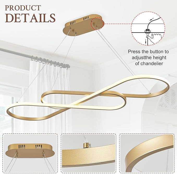 Modern LED Chandelier Gold Dimmable LED Pendant Light for Dining Room Light Fixture Over Table Modern Kitchen Island Lighting High Ceiling with Remote for Living Room(56 Inch, 3000K-6500K)