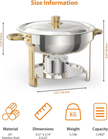 5QT 6 Packs Chafing Dish Buffet Set, NSF Round Stainless Steel Chafers and Warmers Food Servers Sets with Lid & Lid Holder, Spoon & Tweezer for Catering Events Parties Weddings Dinners,Gold
