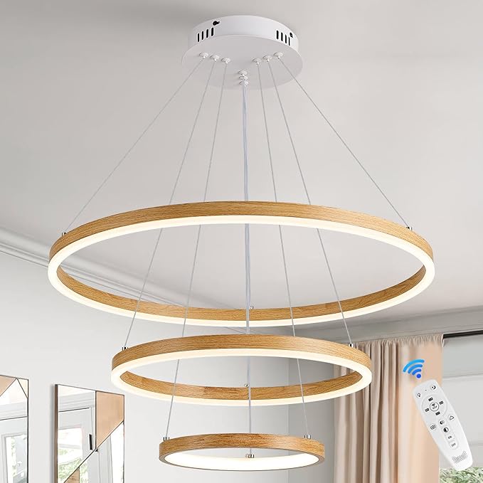 3-Ring LED Chandelier 24" Circular Pendant Light with Wood Grain Finish Dimmable Round Hanging Light Modern Farmhouse Chandeliers for Dining Room Foyer Office Adjustable 3000-6500K with Remote