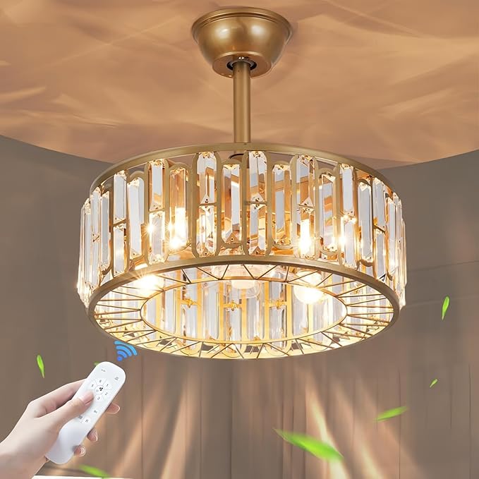 18.2" Gold Caged Ceiling Fans with Lights Remote Crystal Fandelier 4-Lights Flush Mount Fan Light Modern Enclosed Chandelier Fan with 6 Speeds for Bedroom Living Room Kitchen Dining Room Hallway