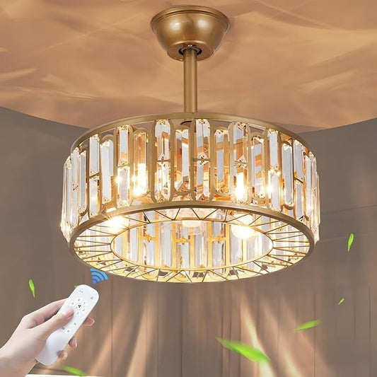 18.2" Gold Caged Ceiling Fans with Lights Remote Crystal Fandelier 4-Lights Flush Mount Fan Light Modern Enclosed Chandelier Fan with 6 Speeds for Bedroom Living Room Kitchen Dining Room Hallway