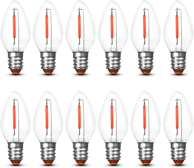 Feit Electric BPC7/R/LEDG2/2/6 0.6W 7W Equivalent Candelabra Base Christmas Holiday Decorative LED C7 Light Bulb, 2.15" H x 1" D, Red, 12 Count